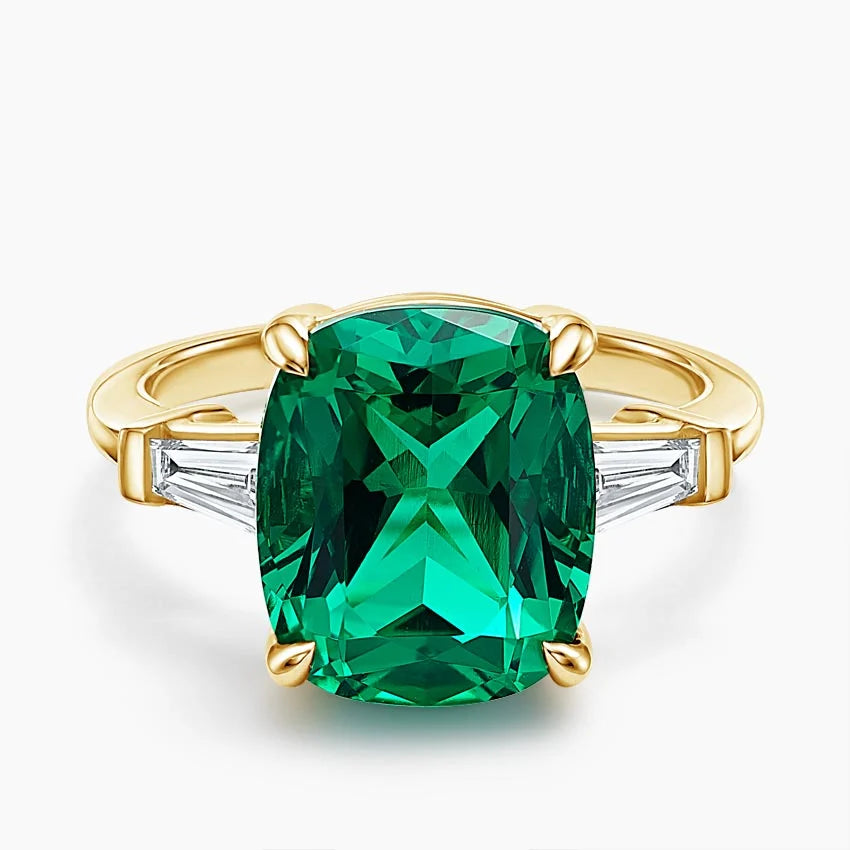 Three Stone Lab Emerald and Lab Diamond Cocktail Ring in 18K Yellow Gold