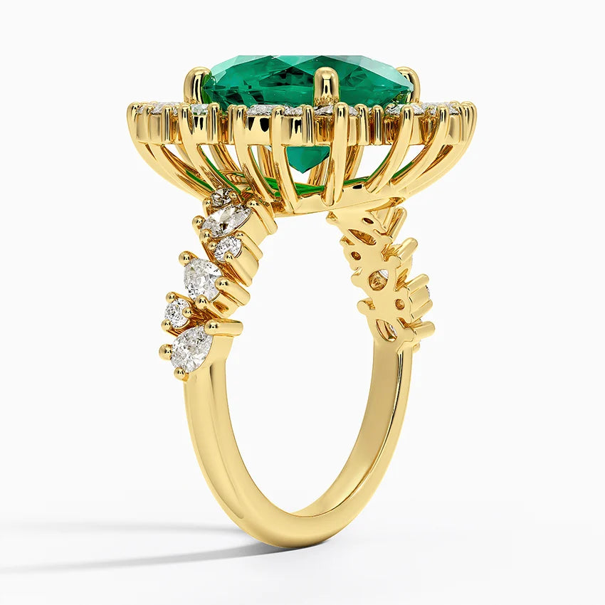 Lab Emerald and Lab Diamond Cocktail Ring in 14K Yellow Gold